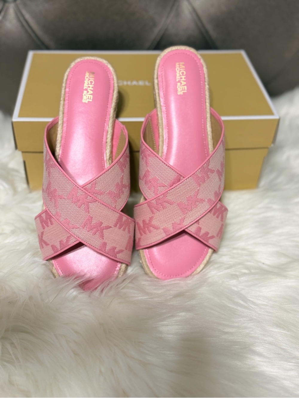 Michael Kors Jolie Espadrille Pink MK Monogram Crisscross Slide Sandals